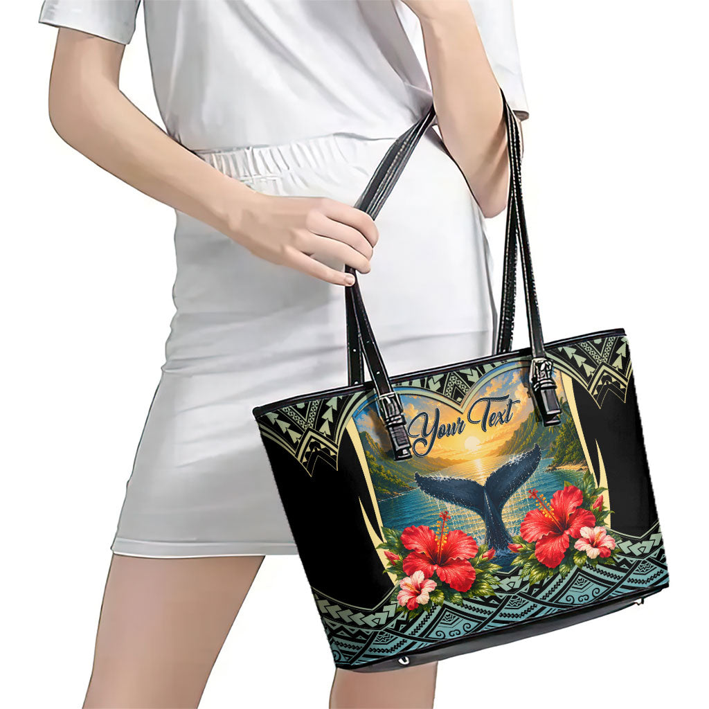 Personalized Masefau American Samoa Whale Leather Tote Bag Polynesian Tribal Pattern Tropical Hibiscus TS04 - Polynesian Pride