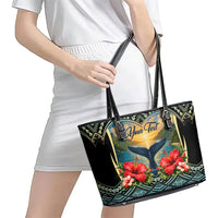 Personalized Masefau American Samoa Whale Leather Tote Bag Polynesian Tribal Pattern Tropical Hibiscus TS04 - Polynesian Pride