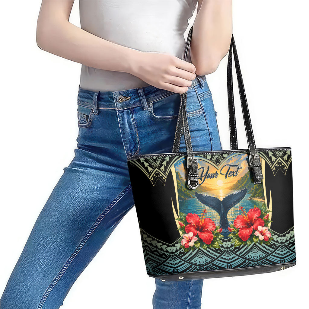 Personalized Masefau American Samoa Whale Leather Tote Bag Polynesian Tribal Pattern Tropical Hibiscus TS04 - Polynesian Pride