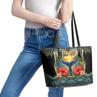 Personalized Masefau American Samoa Whale Leather Tote Bag Polynesian Tribal Pattern Tropical Hibiscus TS04 - Polynesian Pride
