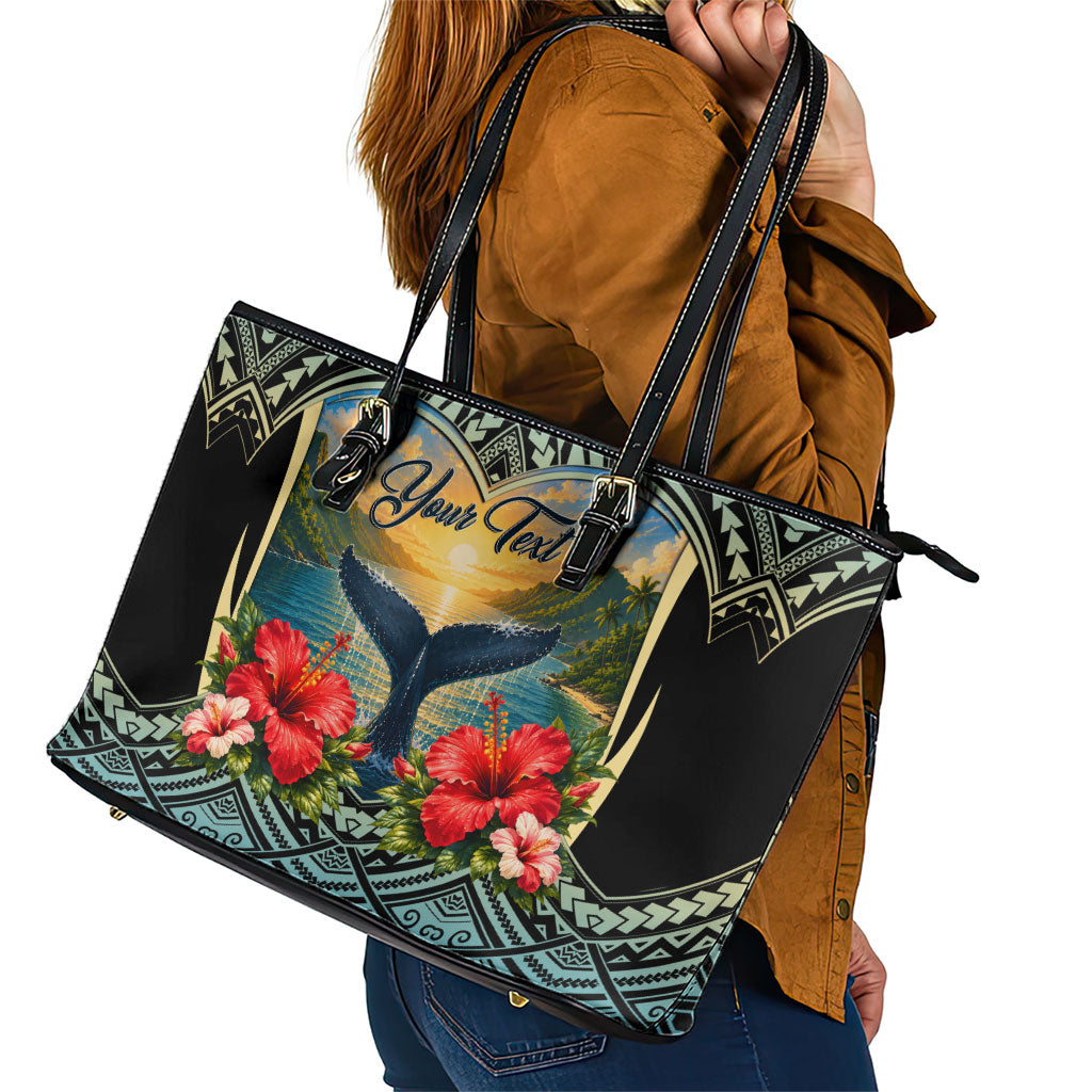 Personalized Masefau American Samoa Whale Leather Tote Bag Polynesian Tribal Pattern Tropical Hibiscus TS04 - Polynesian Pride