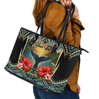Personalized Masefau American Samoa Whale Leather Tote Bag Polynesian Tribal Pattern Tropical Hibiscus TS04 - Polynesian Pride