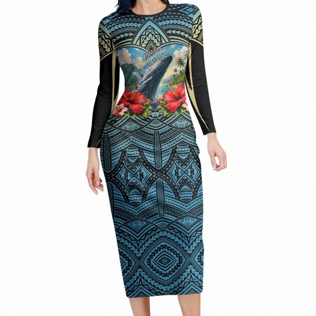 Personalized Masefau American Samoa Whale Long Sleeve Bodycon Dress Polynesian Tribal Pattern Tropical Hibiscus TS04 Long Dress Black Blue - Polynesian Pride
