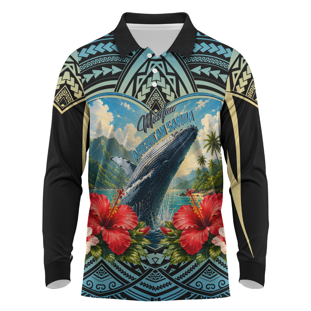 Personalized Masefau American Samoa Whale Long Sleeve Polo Shirt Polynesian Tribal Pattern Tropical Hibiscus TS04 Black Blue - Polynesian Pride
