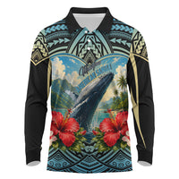 Personalized Masefau American Samoa Whale Long Sleeve Polo Shirt Polynesian Tribal Pattern Tropical Hibiscus TS04 Black Blue - Polynesian Pride