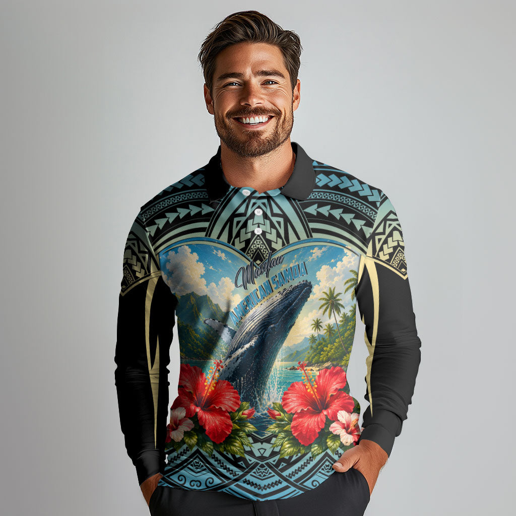 Personalized Masefau American Samoa Whale Long Sleeve Polo Shirt Polynesian Tribal Pattern Tropical Hibiscus TS04 - Polynesian Pride