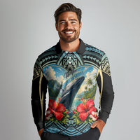 Personalized Masefau American Samoa Whale Long Sleeve Polo Shirt Polynesian Tribal Pattern Tropical Hibiscus TS04 - Polynesian Pride