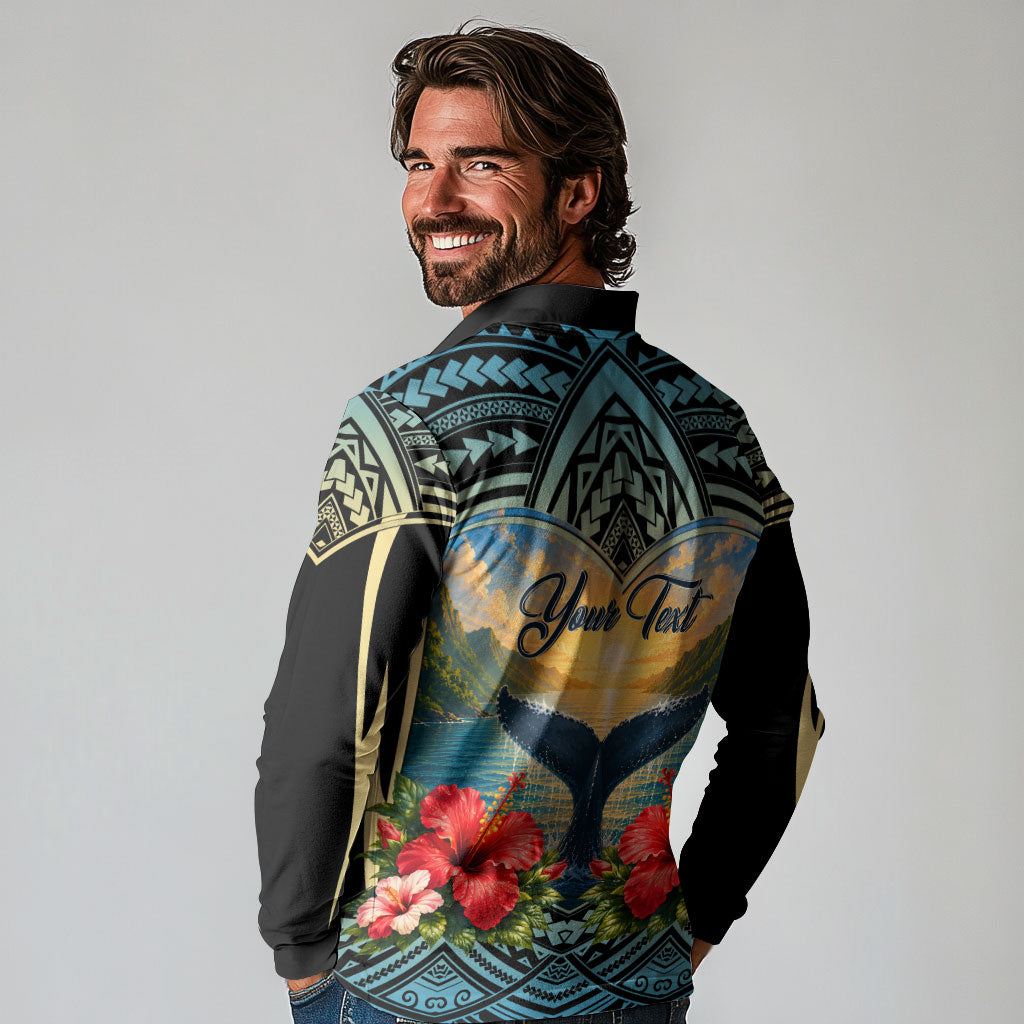 Personalized Masefau American Samoa Whale Long Sleeve Polo Shirt Polynesian Tribal Pattern Tropical Hibiscus TS04 - Polynesian Pride