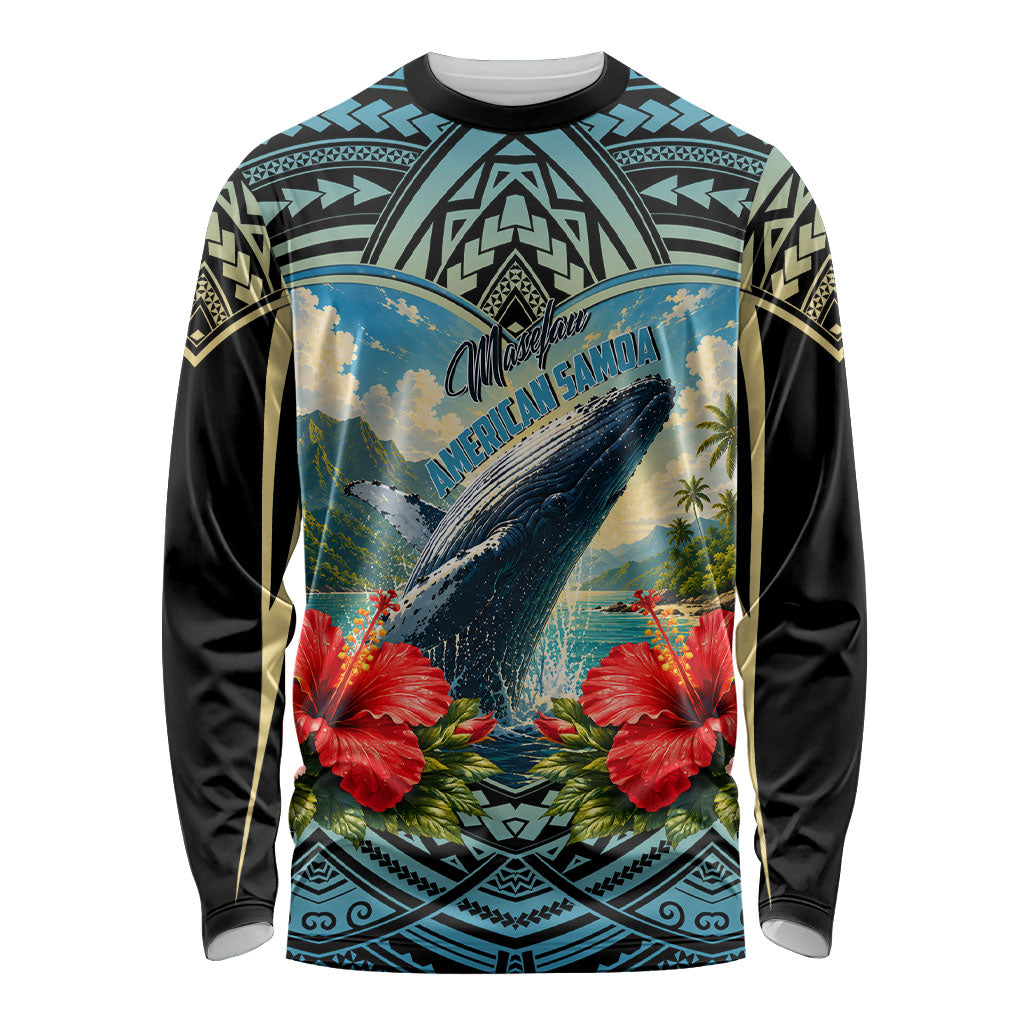 Personalized Masefau American Samoa Whale Long Sleeve Shirt Polynesian Tribal Pattern Tropical Hibiscus TS04 Unisex Black Blue - Polynesian Pride