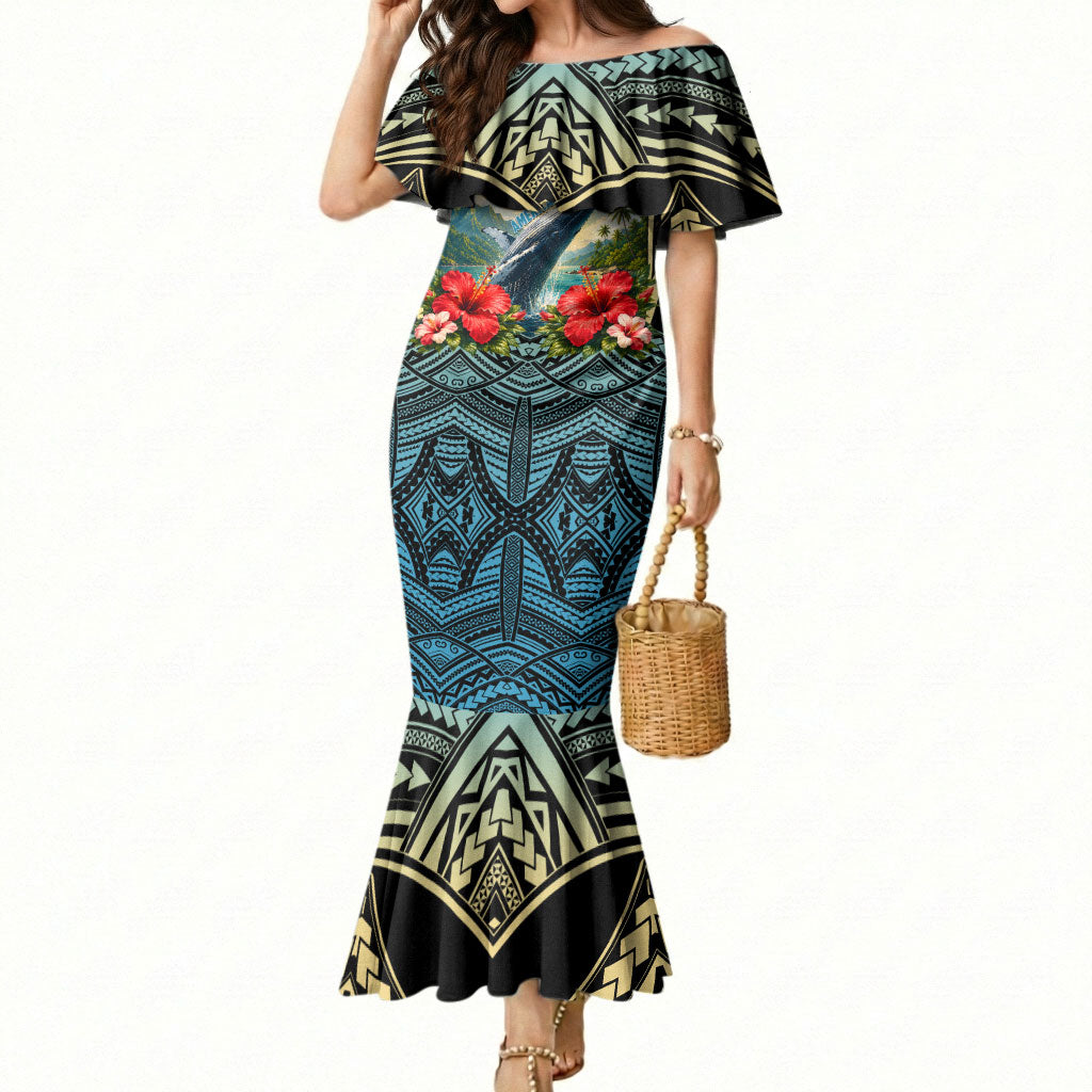 Personalized Masefau American Samoa Whale Mermaid Dress Polynesian Tribal Pattern Tropical Hibiscus TS04 Women Black Blue - Polynesian Pride