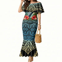 Personalized Masefau American Samoa Whale Mermaid Dress Polynesian Tribal Pattern Tropical Hibiscus TS04 Women Black Blue - Polynesian Pride