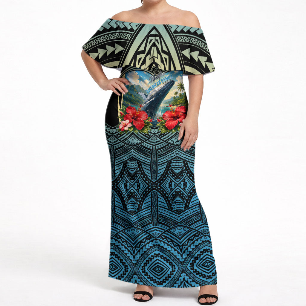 Personalized Masefau American Samoa Whale Off Shoulder Maxi Dress Polynesian Tribal Pattern Tropical Hibiscus TS04 Women Black Blue - Polynesian Pride