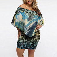 Personalized Masefau American Samoa Whale Off Shoulder Short Dress Polynesian Tribal Pattern Tropical Hibiscus TS04 Women Black Blue - Polynesian Pride