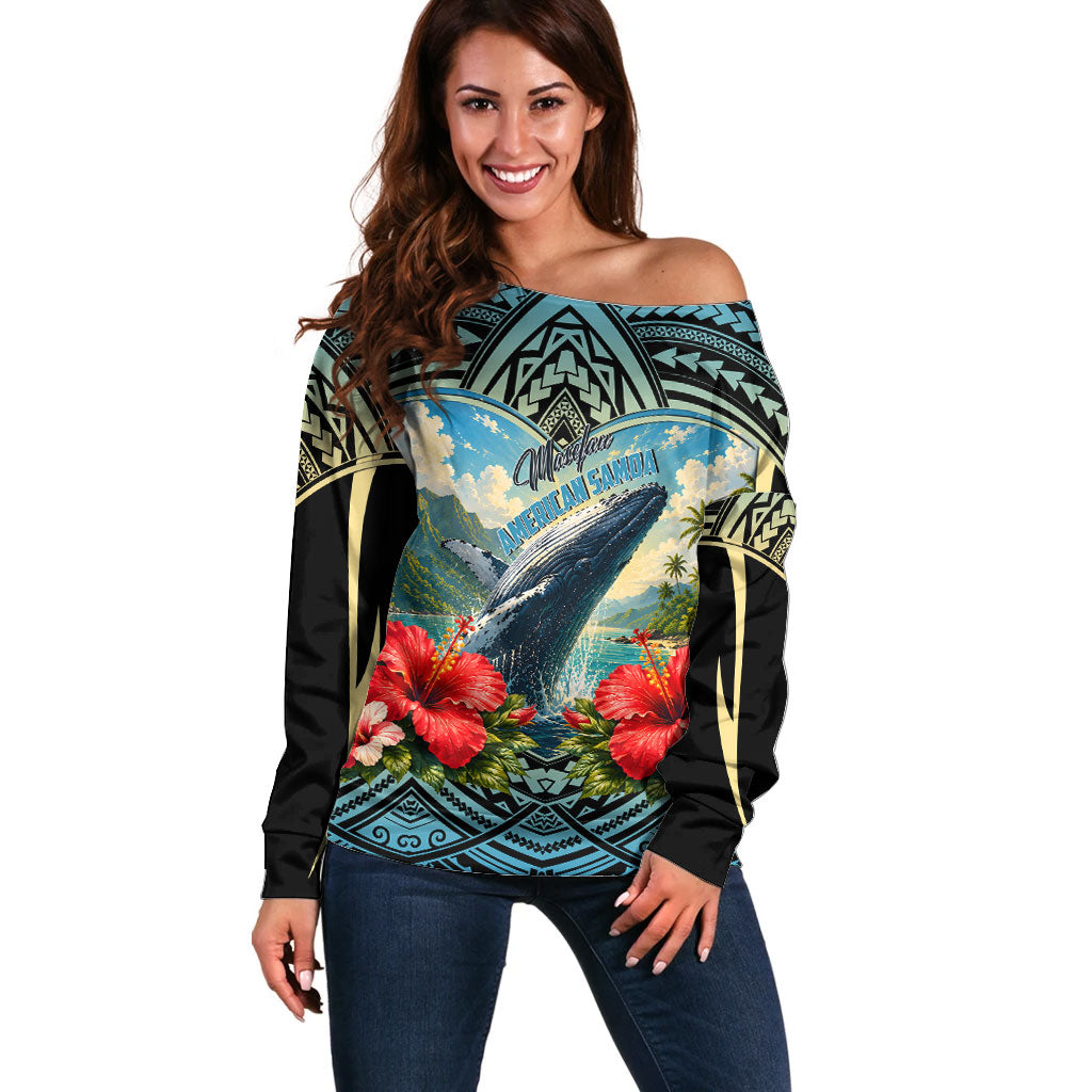 Personalized Masefau American Samoa Whale Off Shoulder Sweater Polynesian Tribal Pattern Tropical Hibiscus TS04 Women Black Blue - Polynesian Pride