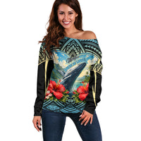 Personalized Masefau American Samoa Whale Off Shoulder Sweater Polynesian Tribal Pattern Tropical Hibiscus TS04 Women Black Blue - Polynesian Pride