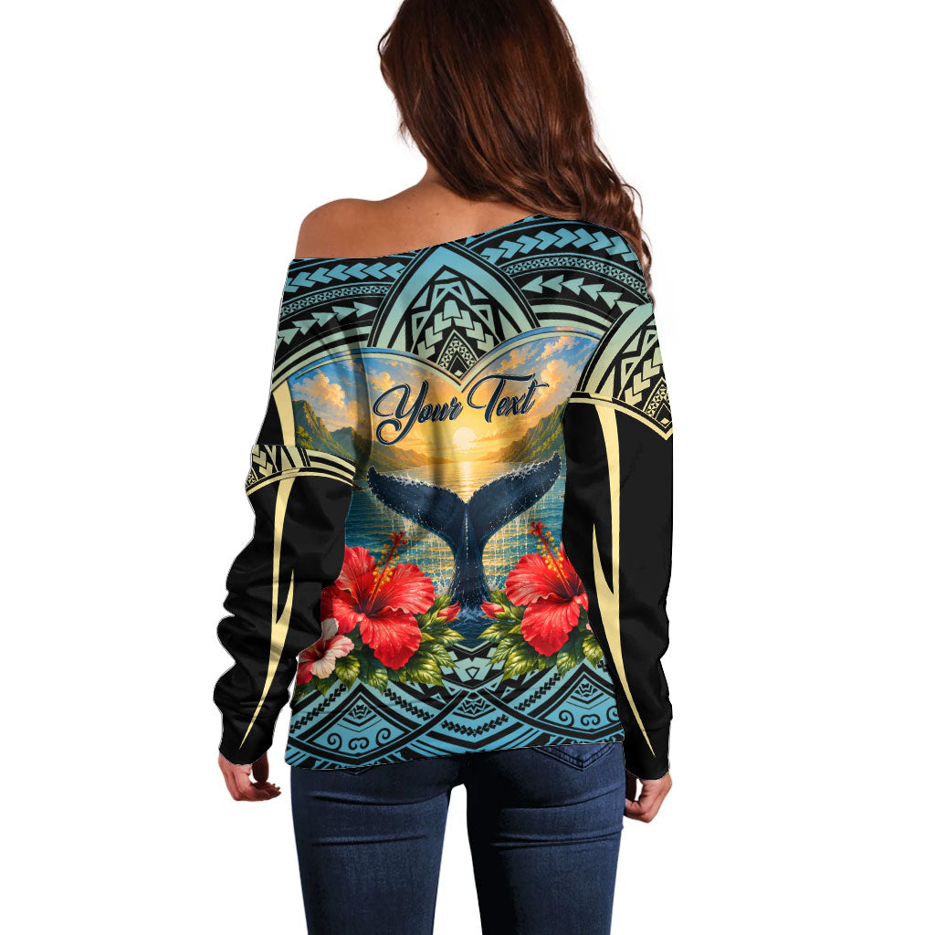 Personalized Masefau American Samoa Whale Off Shoulder Sweater Polynesian Tribal Pattern Tropical Hibiscus TS04 - Polynesian Pride