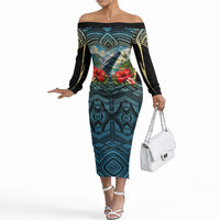 Personalized Masefau American Samoa Whale Off The Shoulder Long Sleeve Dress Polynesian Tribal Pattern Tropical Hibiscus TS04 Women Black Blue - Polynesian Pride