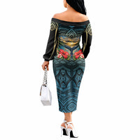Personalized Masefau American Samoa Whale Off The Shoulder Long Sleeve Dress Polynesian Tribal Pattern Tropical Hibiscus TS04 - Polynesian Pride