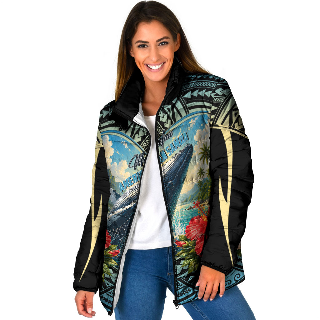 Personalized Masefau American Samoa Whale Padded Jacket Polynesian Tribal Pattern Tropical Hibiscus TS04 Women Black Blue - Polynesian Pride