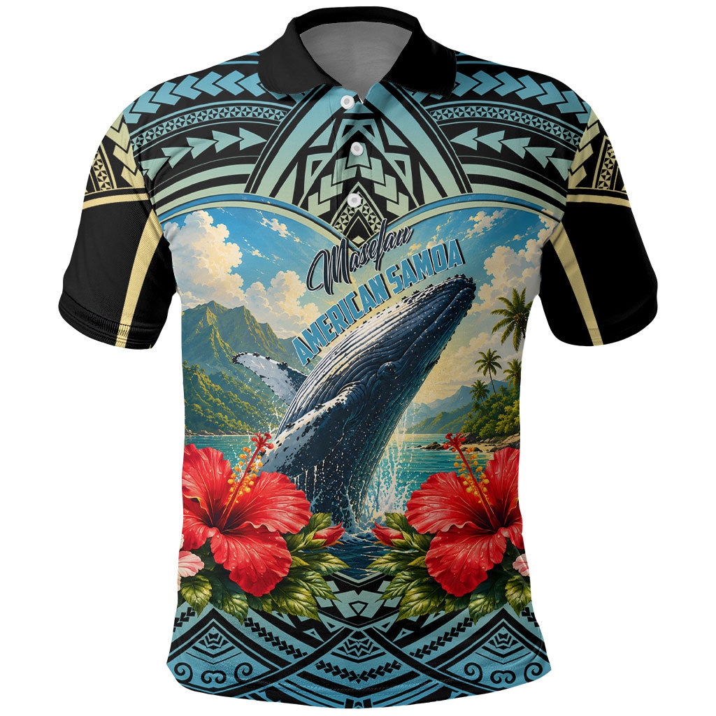 Personalized Masefau American Samoa Whale Polo Shirt Polynesian Tribal Pattern Tropical Hibiscus TS04 Black Blue - Polynesian Pride