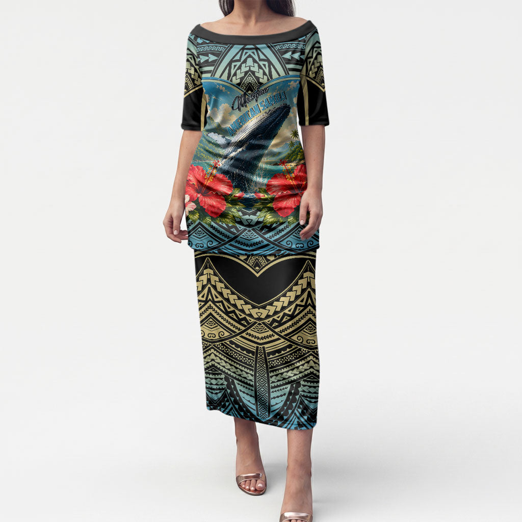 Personalized Masefau American Samoa Whale Puletasi Polynesian Tribal Pattern Tropical Hibiscus TS04 Long Dress Black Blue - Polynesian Pride