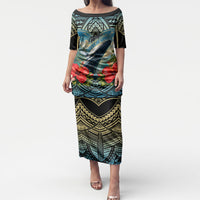 Personalized Masefau American Samoa Whale Puletasi Polynesian Tribal Pattern Tropical Hibiscus TS04 Long Dress Black Blue - Polynesian Pride
