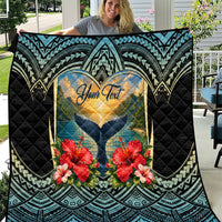 Personalized Masefau American Samoa Whale Quilt Polynesian Tribal Pattern Tropical Hibiscus TS04 Black Blue - Polynesian Pride