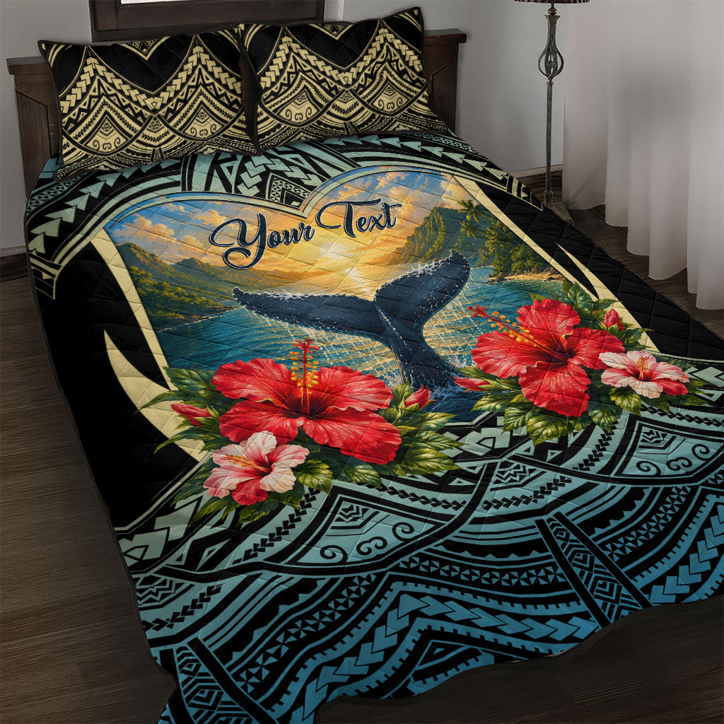 Personalized Masefau American Samoa Whale Quilt Bed Set Polynesian Tribal Pattern Tropical Hibiscus TS04 Black Blue - Polynesian Pride