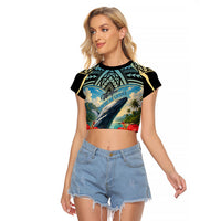 Personalized Masefau American Samoa Whale Raglan Cropped T Shirt Polynesian Tribal Pattern Tropical Hibiscus TS04 Female Black Blue - Polynesian Pride