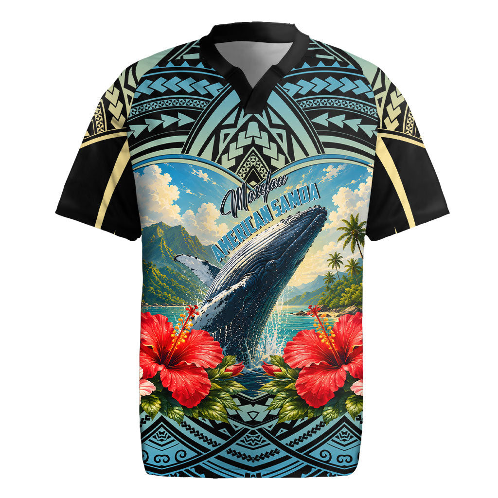 Personalized Masefau American Samoa Whale Rugby Jersey Polynesian Tribal Pattern Tropical Hibiscus TS04 Black Blue - Polynesian Pride