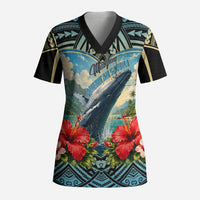 Personalized Masefau American Samoa Whale Scrub Top Polynesian Tribal Pattern Tropical Hibiscus TS04 Adult Black Blue - Polynesian Pride