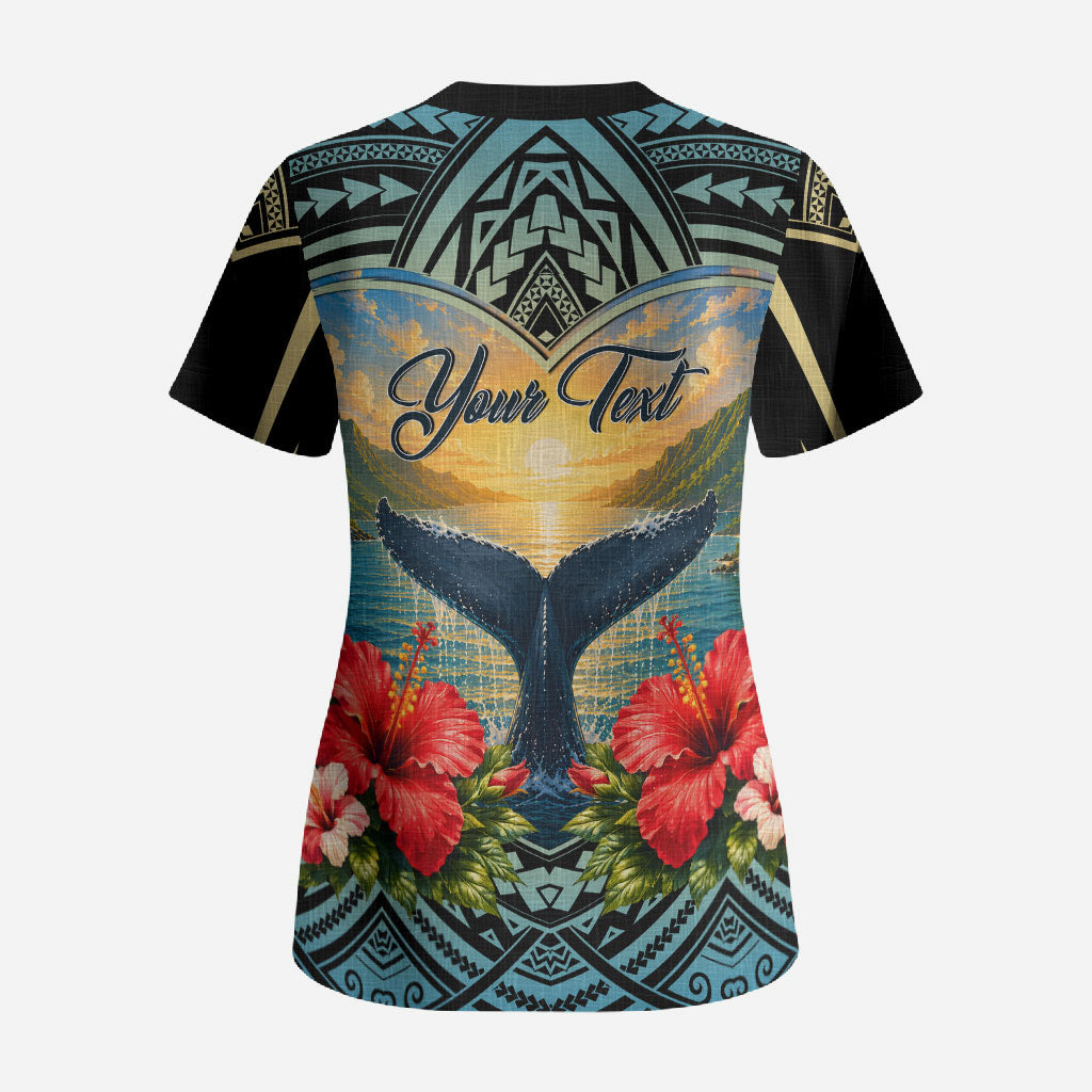 Personalized Masefau American Samoa Whale Scrub Top Polynesian Tribal Pattern Tropical Hibiscus TS04 - Polynesian Pride