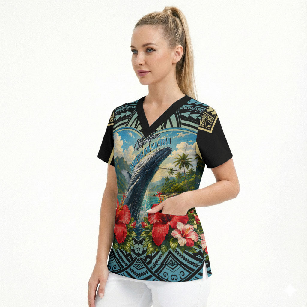 Personalized Masefau American Samoa Whale Scrub Top Polynesian Tribal Pattern Tropical Hibiscus TS04 - Polynesian Pride
