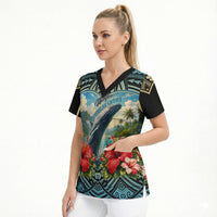 Personalized Masefau American Samoa Whale Scrub Top Polynesian Tribal Pattern Tropical Hibiscus TS04 - Polynesian Pride