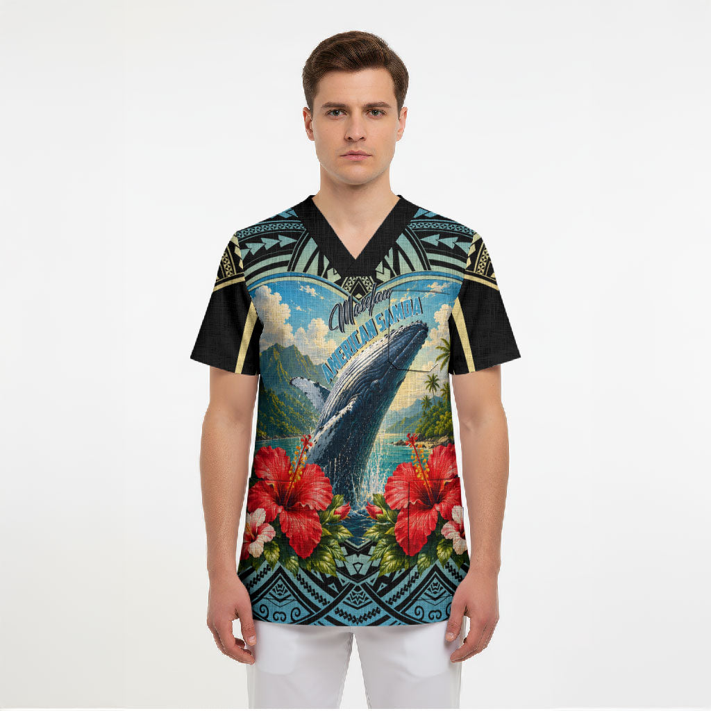 Personalized Masefau American Samoa Whale Scrub Top Polynesian Tribal Pattern Tropical Hibiscus TS04 - Polynesian Pride