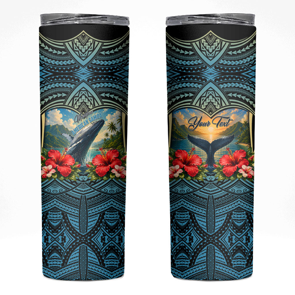 Personalized Masefau American Samoa Whale Skinny Tumbler Polynesian Tribal Pattern Tropical Hibiscus TS04 Black Blue - Polynesian Pride