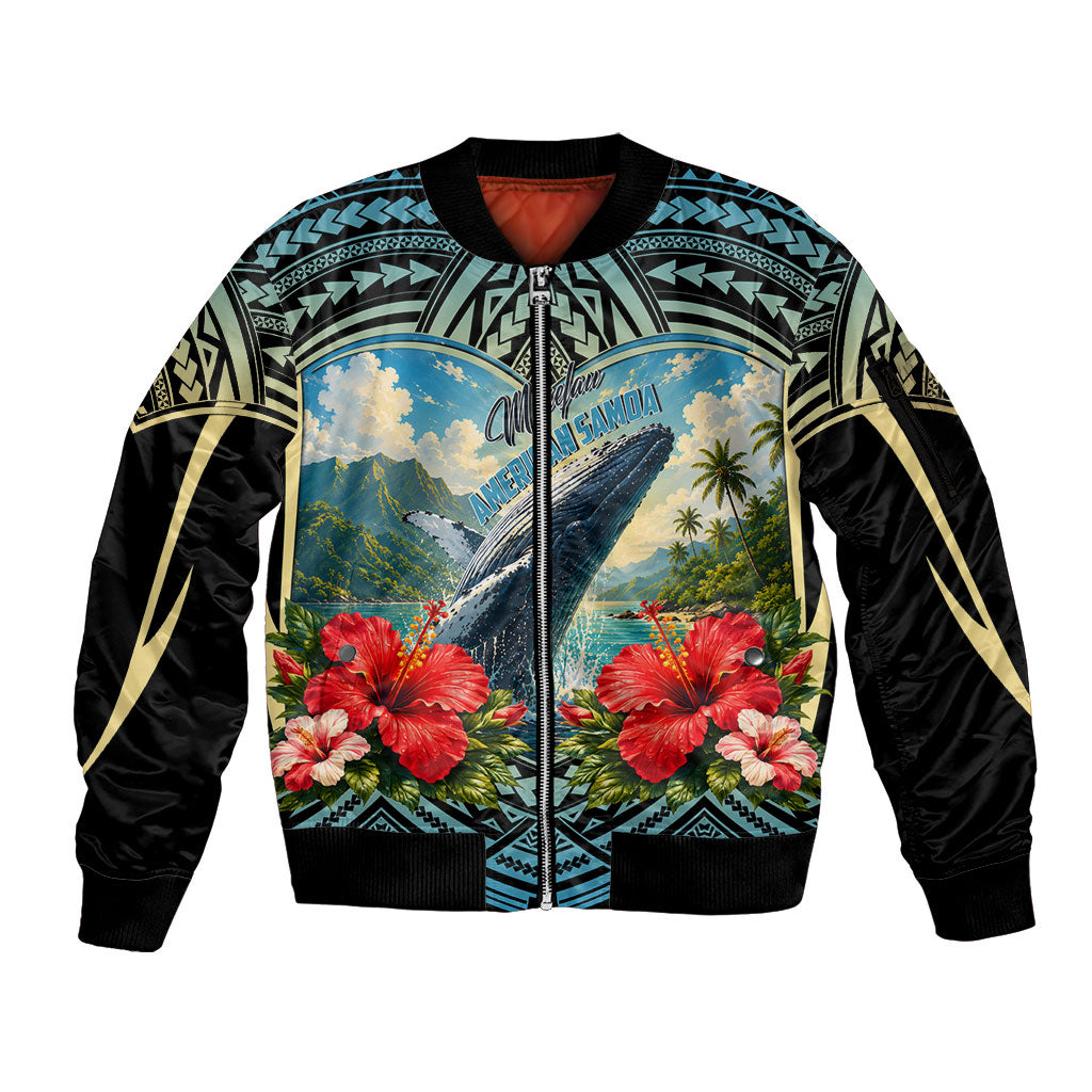 Personalized Masefau American Samoa Whale Sleeve Zip Bomber Jacket Polynesian Tribal Pattern Tropical Hibiscus TS04 Unisex Black Blue - Polynesian Pride