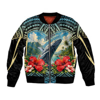 Personalized Masefau American Samoa Whale Sleeve Zip Bomber Jacket Polynesian Tribal Pattern Tropical Hibiscus TS04 Unisex Black Blue - Polynesian Pride