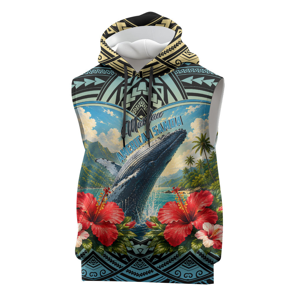 Personalized Masefau American Samoa Whale Sleeveless Hoodie Polynesian Tribal Pattern Tropical Hibiscus TS04 Black Blue - Polynesian Pride