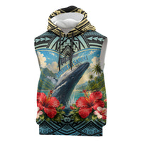 Personalized Masefau American Samoa Whale Sleeveless Hoodie Polynesian Tribal Pattern Tropical Hibiscus TS04 Black Blue - Polynesian Pride