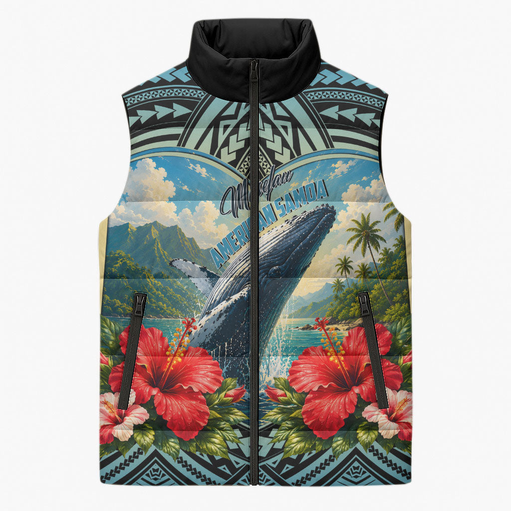 Personalized Masefau American Samoa Whale Sleeveless Puffer Jacket Polynesian Tribal Pattern Tropical Hibiscus TS04 Unisex Black Blue - Polynesian Pride