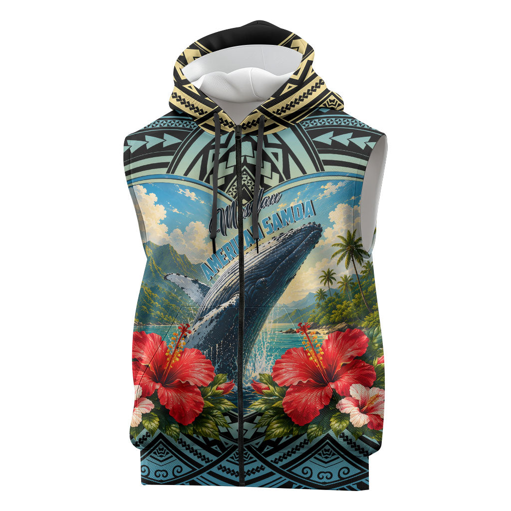 Personalized Masefau American Samoa Whale Sleeveless Zip Hoodie Polynesian Tribal Pattern Tropical Hibiscus TS04 Black Blue - Polynesian Pride