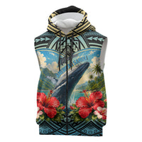 Personalized Masefau American Samoa Whale Sleeveless Zip Hoodie Polynesian Tribal Pattern Tropical Hibiscus TS04 Black Blue - Polynesian Pride