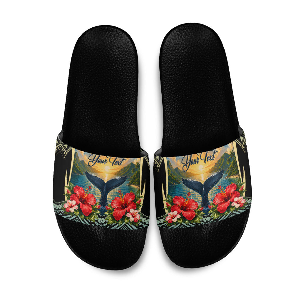 Personalized Masefau American Samoa Whale Slide Sandals Polynesian Tribal Pattern Tropical Hibiscus TS04 Black Blue - Polynesian Pride