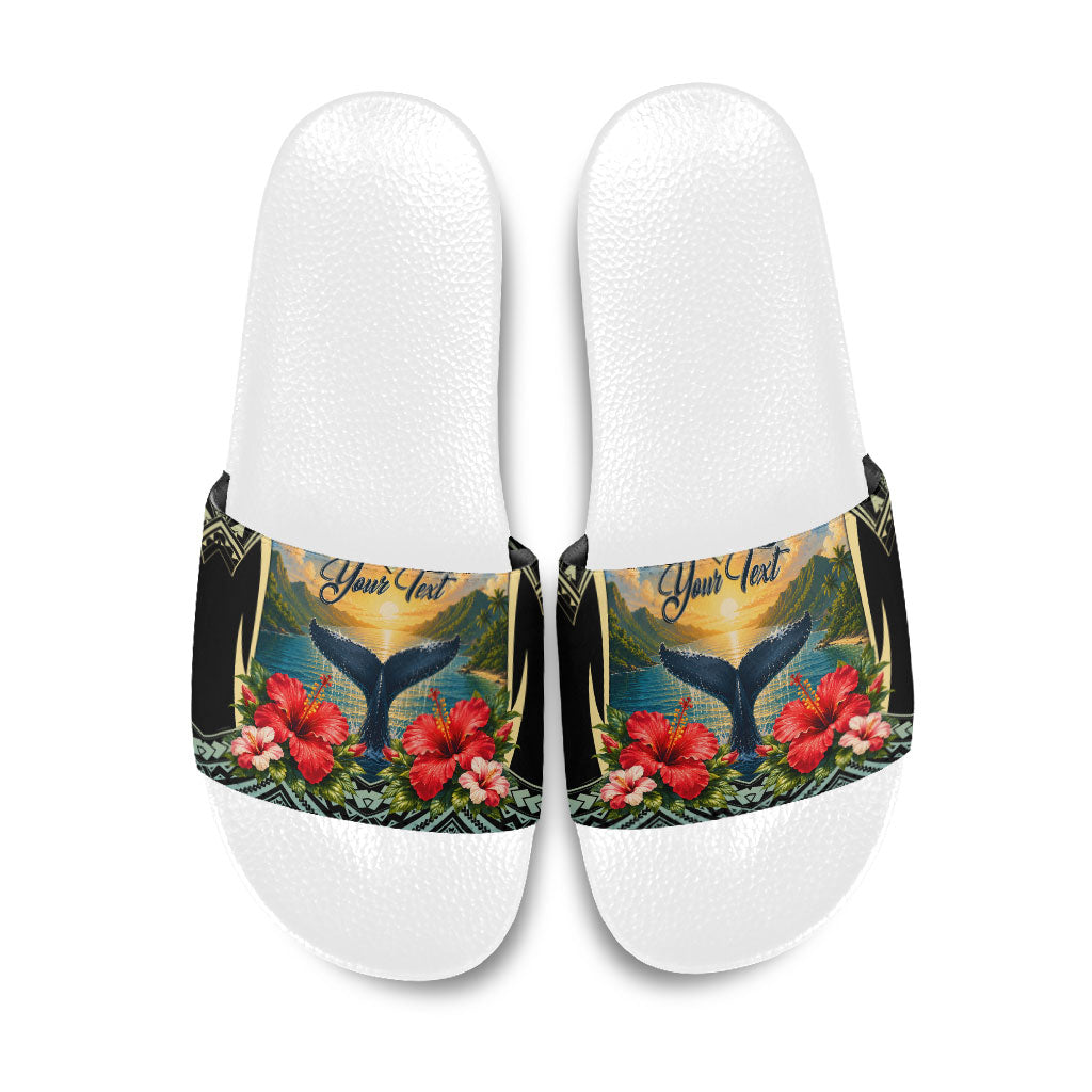 Personalized Masefau American Samoa Whale Slide Sandals Polynesian Tribal Pattern Tropical Hibiscus TS04 Black Blue - Polynesian Pride