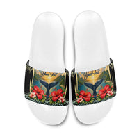 Personalized Masefau American Samoa Whale Slide Sandals Polynesian Tribal Pattern Tropical Hibiscus TS04 Black Blue - Polynesian Pride