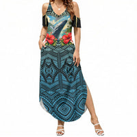 Personalized Masefau American Samoa Whale Summer Maxi Dress Polynesian Tribal Pattern Tropical Hibiscus TS04 Women Black Blue - Polynesian Pride