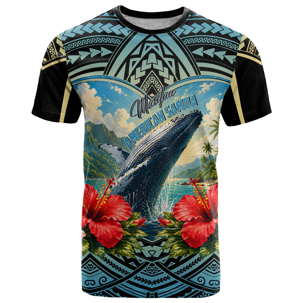 Personalized Masefau American Samoa Whale T Shirt Polynesian Tribal Pattern Tropical Hibiscus TS04 Black Blue - Polynesian Pride