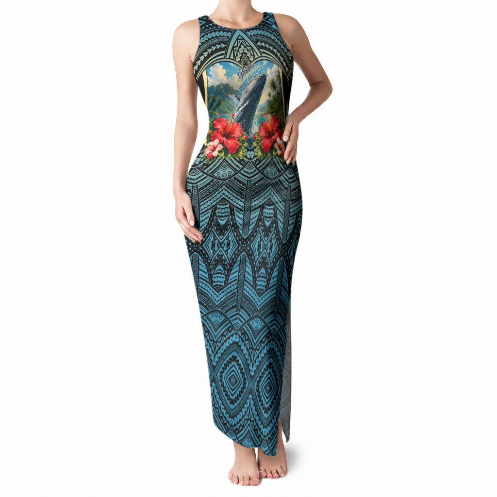 Personalized Masefau American Samoa Whale Tank Maxi Dress Polynesian Tribal Pattern Tropical Hibiscus TS04 Women Black Blue - Polynesian Pride