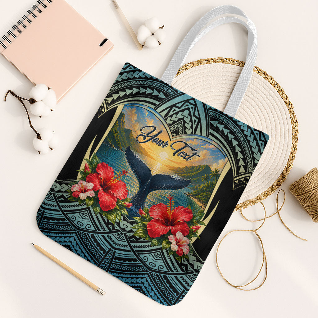 Personalized Masefau American Samoa Whale Tote Bag Polynesian Tribal Pattern Tropical Hibiscus TS04 White Strap One Size Black Blue - Polynesian Pride